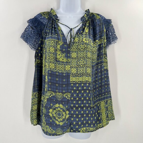 Anthropologie Current Air L Blue Patchwork Boho Blouse Ruffle Neck Lace Sleeve - Picture 1 of 8